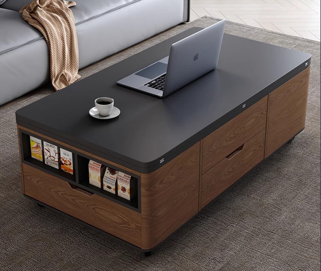 Closed multifunctional coffee table with sleek black surface, hidden storage drawers, and cushioned cube stools in a modern living room.