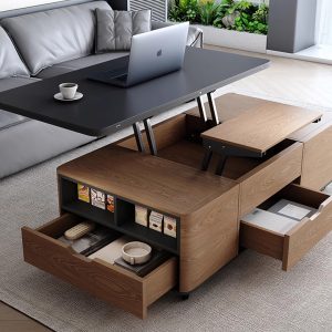 Multifunctional coffee table with lift-top work desk, dining surface, built-in drawers, and hidden seating in a modern living room setup.