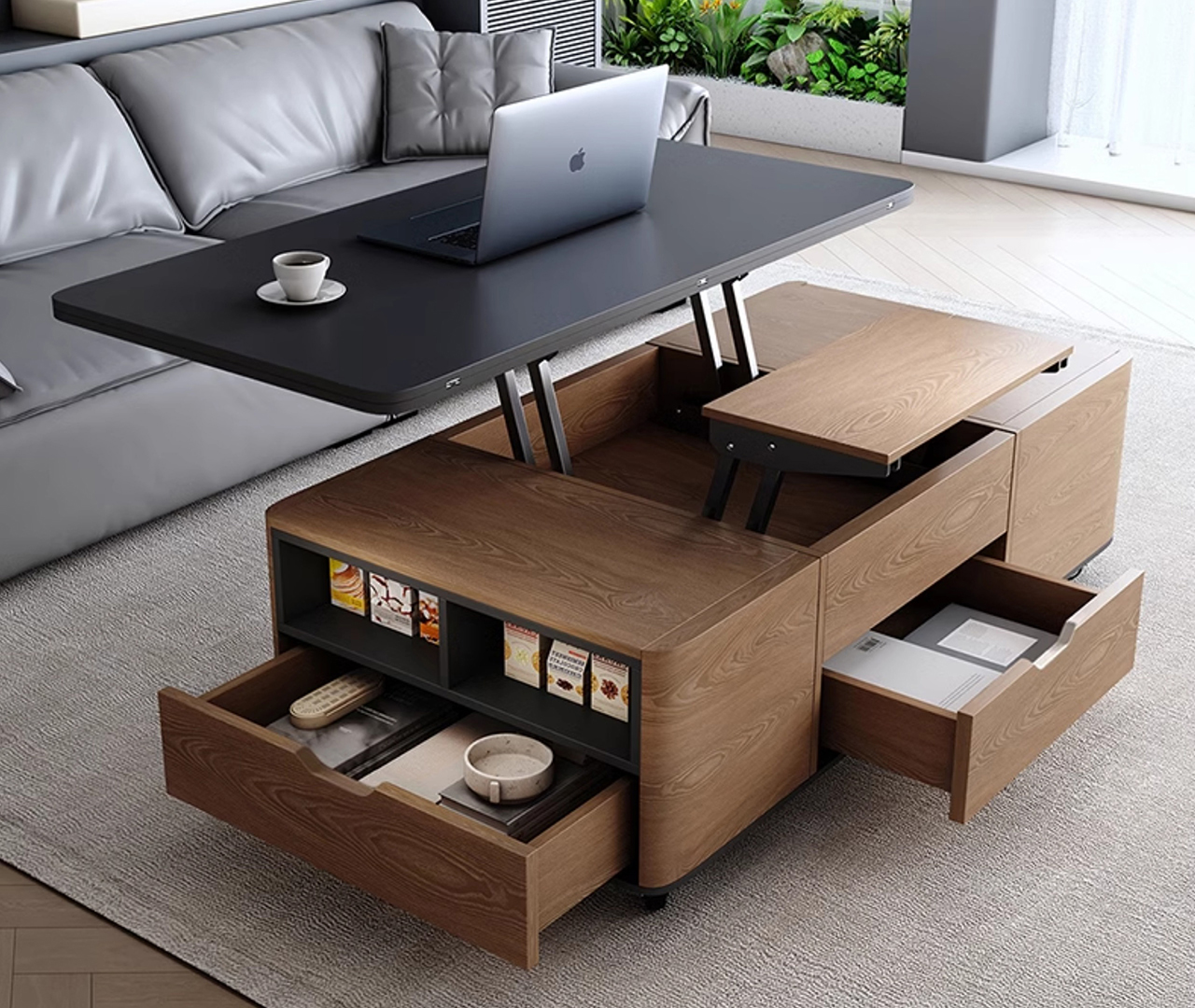 Multifunctional coffee table with lift-top work desk, dining surface, built-in drawers, and hidden seating in a modern living room setup.
