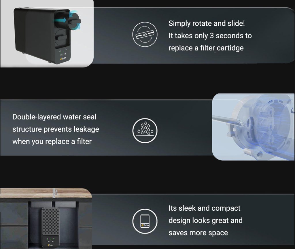 Hassle-free filter cartridge system for Poseidon 600GPD RO water purifier, showing quick-change design, leak-proof seal, and compact under-sink installation.