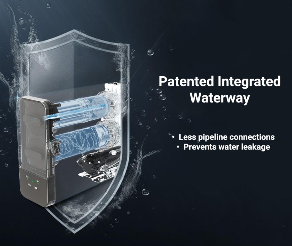 Cutaway view of Poseidon 600GPD RO system showing patented integrated waterway design for reduced pipeline connections and leak prevention.
