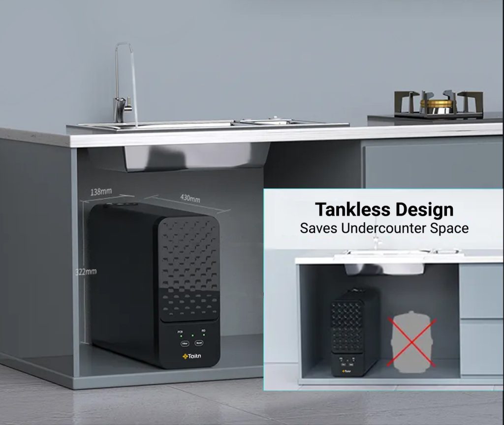 Poseidon 600GPD RO Filter saves at least 50% more undercounter space than 5-stage RO filter systems with storage tanks